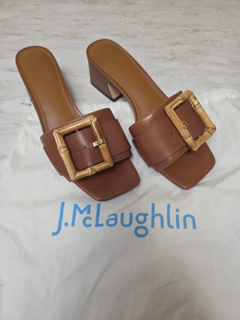 J. McLaughlin Tan Brown Leather Ninette Block Heels with Bamboo Buckle